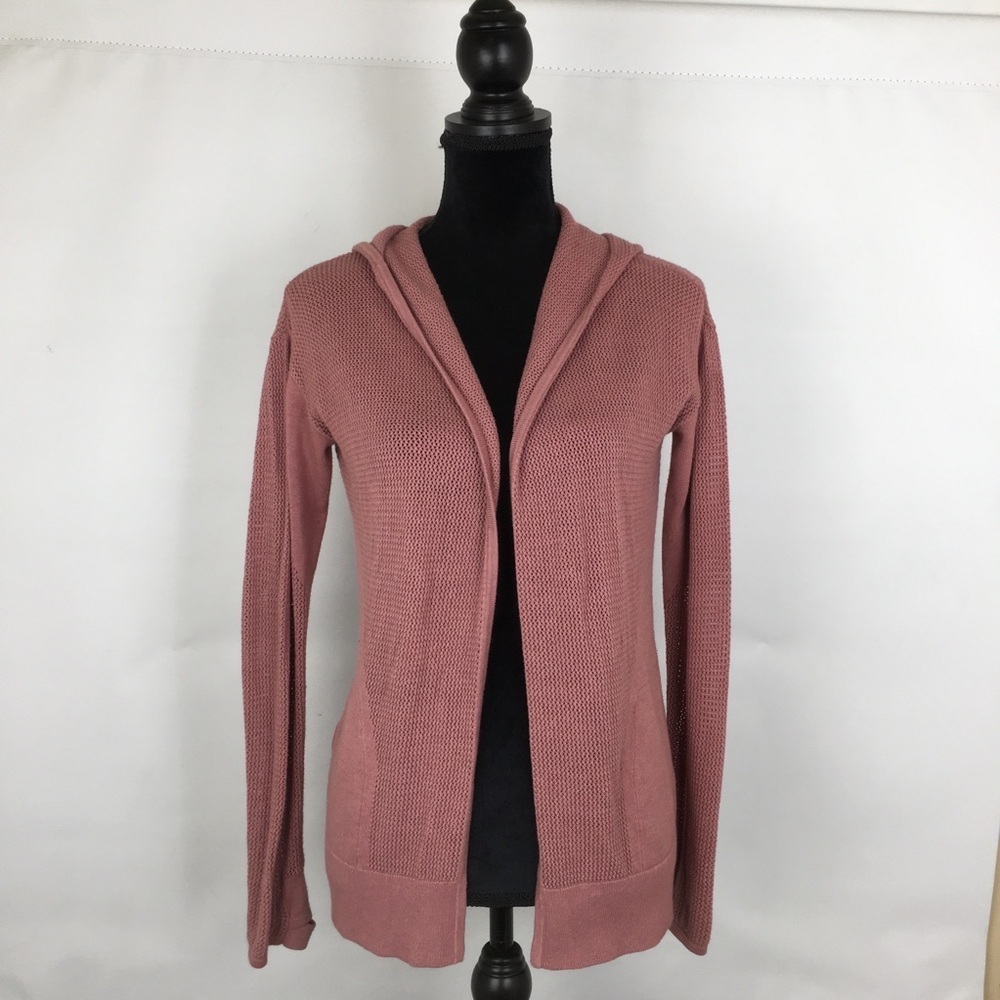 Lululemon Still Movement Pink Knit Hooded Cardigan Wrap Sweater Split Back